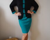 vintage plus size dress / 80s asian frog closure / black teal green color block