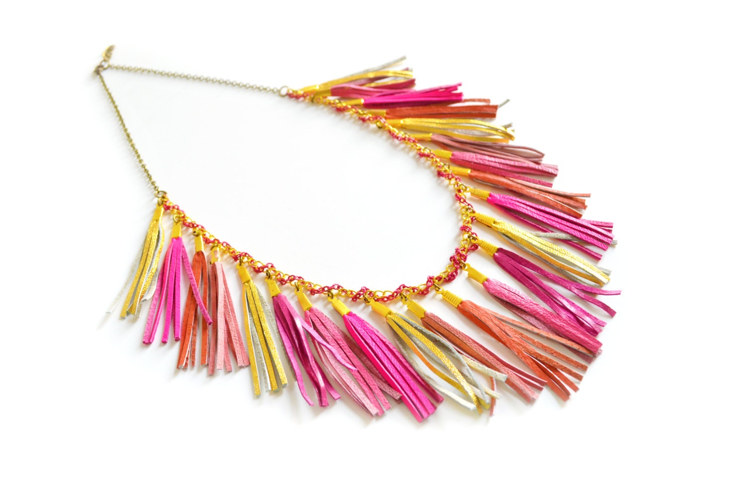 Neon Statement Necklace Hot Pink and Coral Tassel Garland - Chunky Statement Jewelry