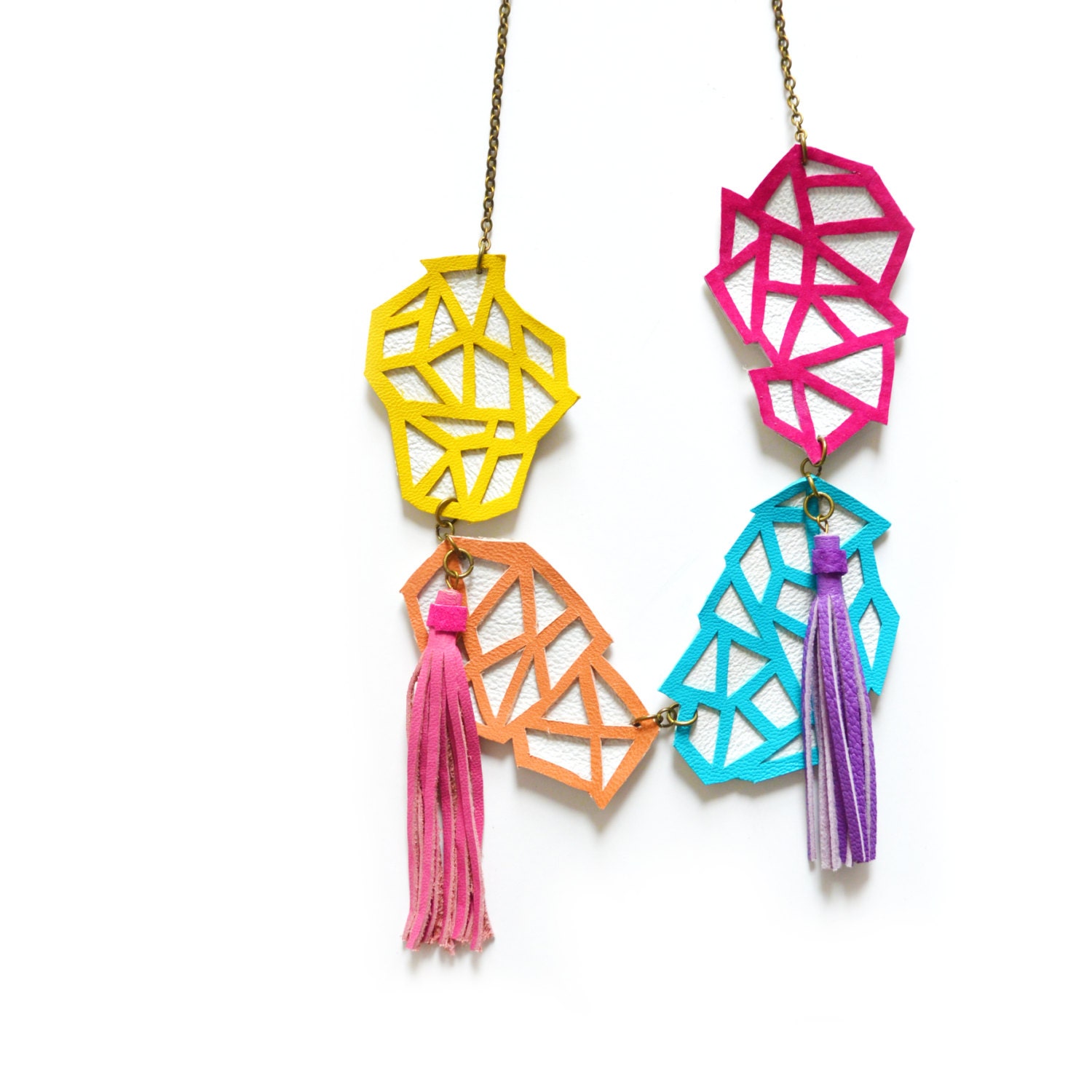 Geometric Necklace Chunky Bib Necklace Faceted Triangle Leather Gems