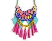 Neon Galaxy Statement Necklace Nebula Geometric Hexagon Fringe Leather Statement Jewelry