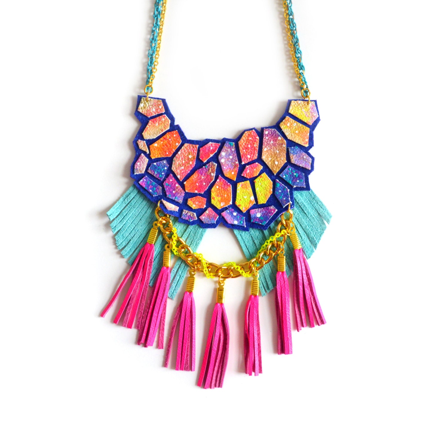 Neon Galaxy Statement Necklace Nebula Geometric Hexagon Fringe Leather Statement Jewelry