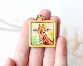 Giraffe necklace, antique gold pendant, hand painted watercolor necklace, safari jewelry