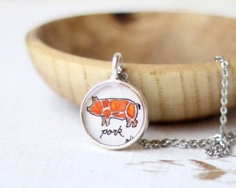 Delicatessen necklace, butcher diagram jewelry, pork cuts of meat pendant, bacon necklace, illustration LIMITED EDITION