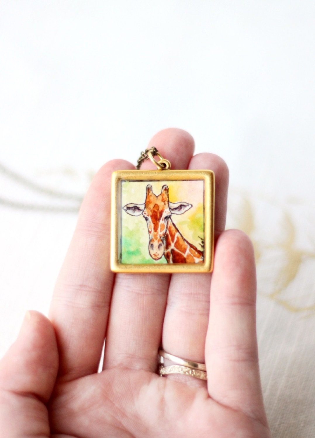 Giraffe necklace, antique gold pendant, hand painted watercolor necklace, safari jewelry