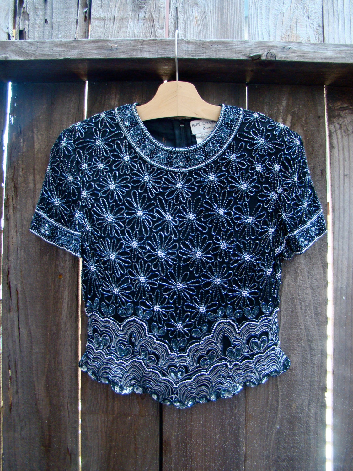 Vintage 80s / Silk / Flower / Black / Sequin / Beaded / Short Shirt / Blouse / SMALL