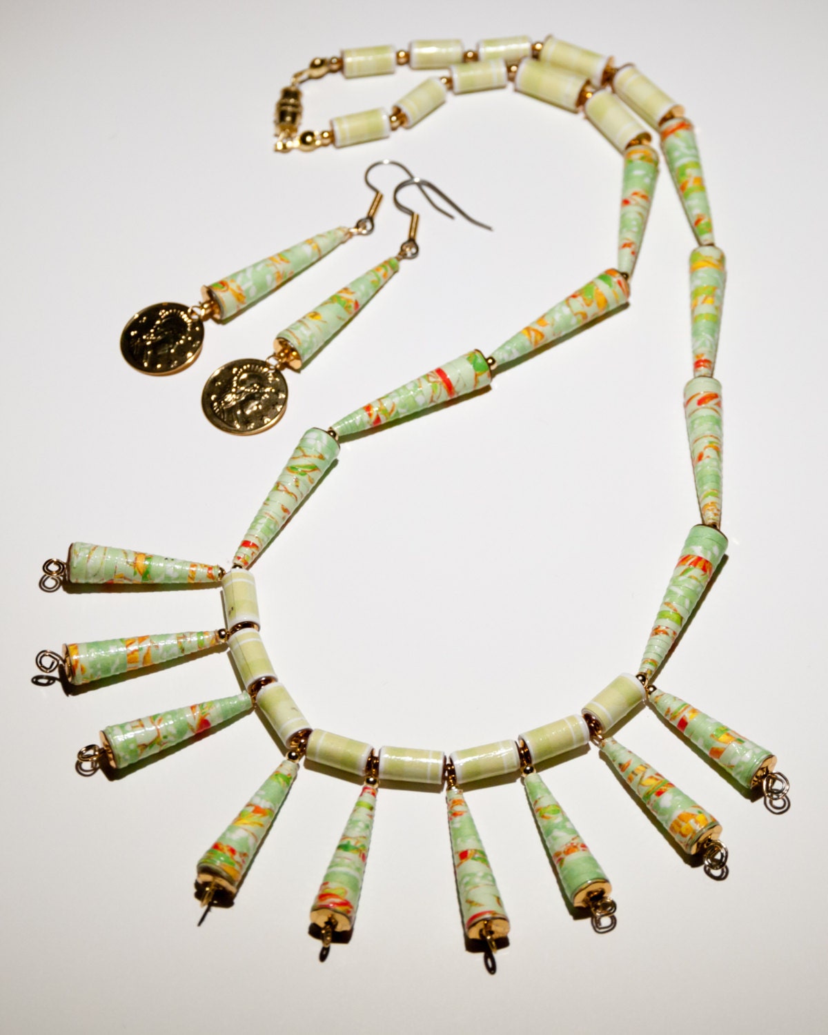 Upcycled Pale Green Drop Necklace and Earrings Set from Paper Beads