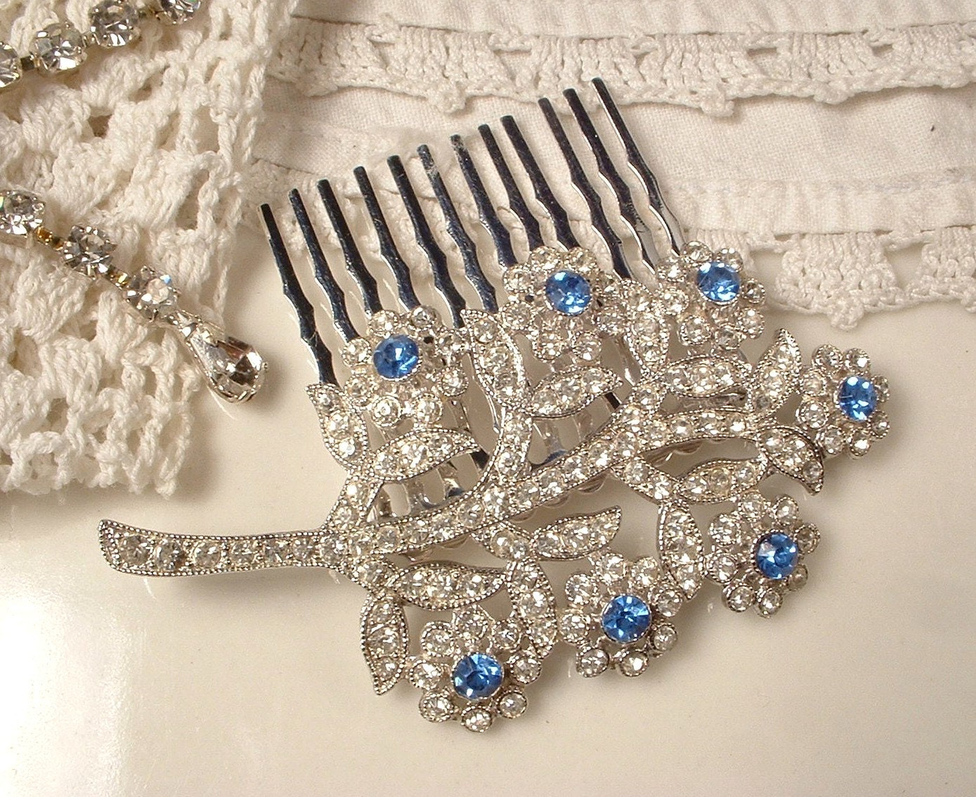 True Vintage Sapphire Blue & Clear Rhinestone Bridal Hair Comb, Heirloom Brooch One of a Kind Silver Plated Hair Comb