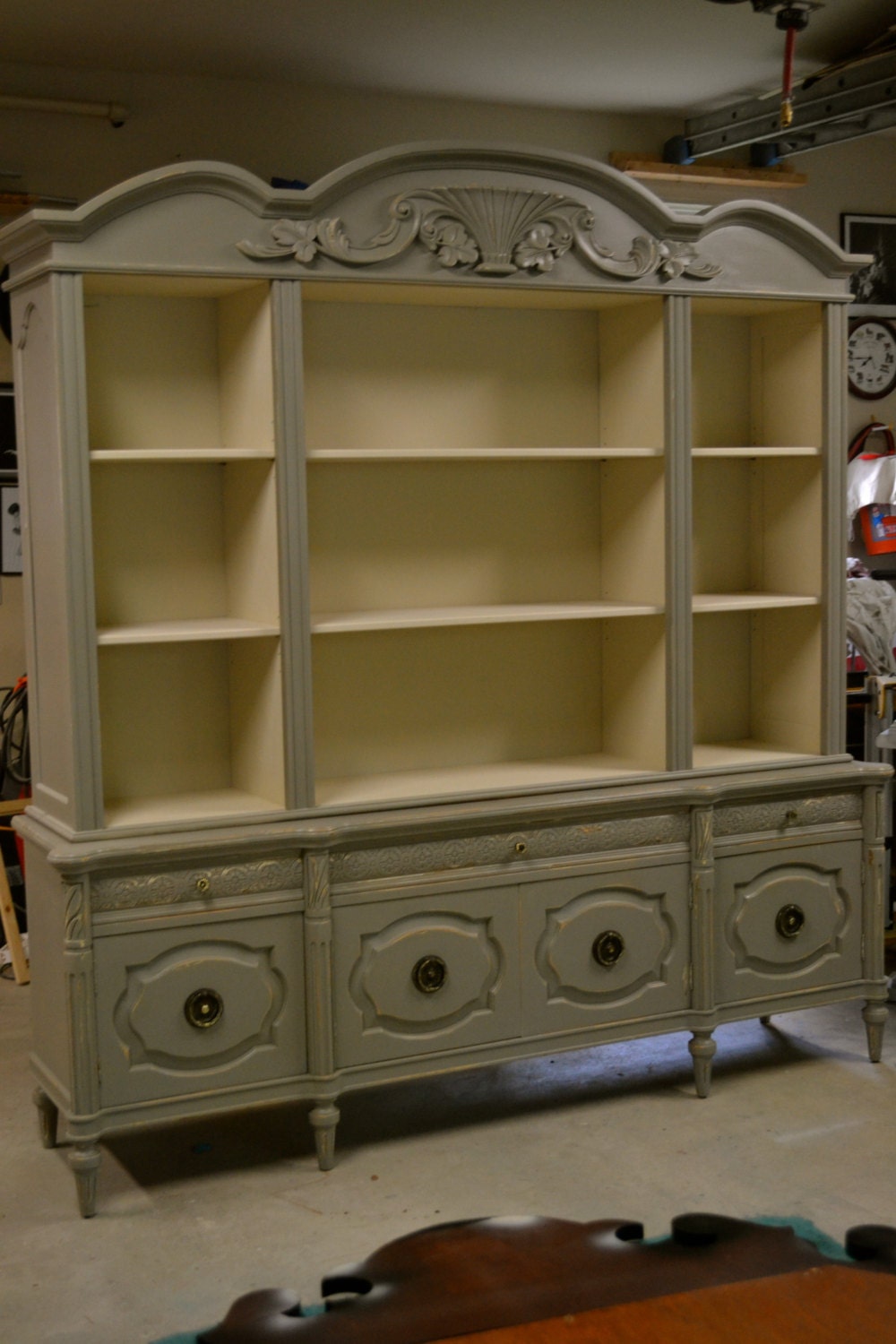 Vintage Repurposed Hand Painted French Linen Bookshelf Cabinet
