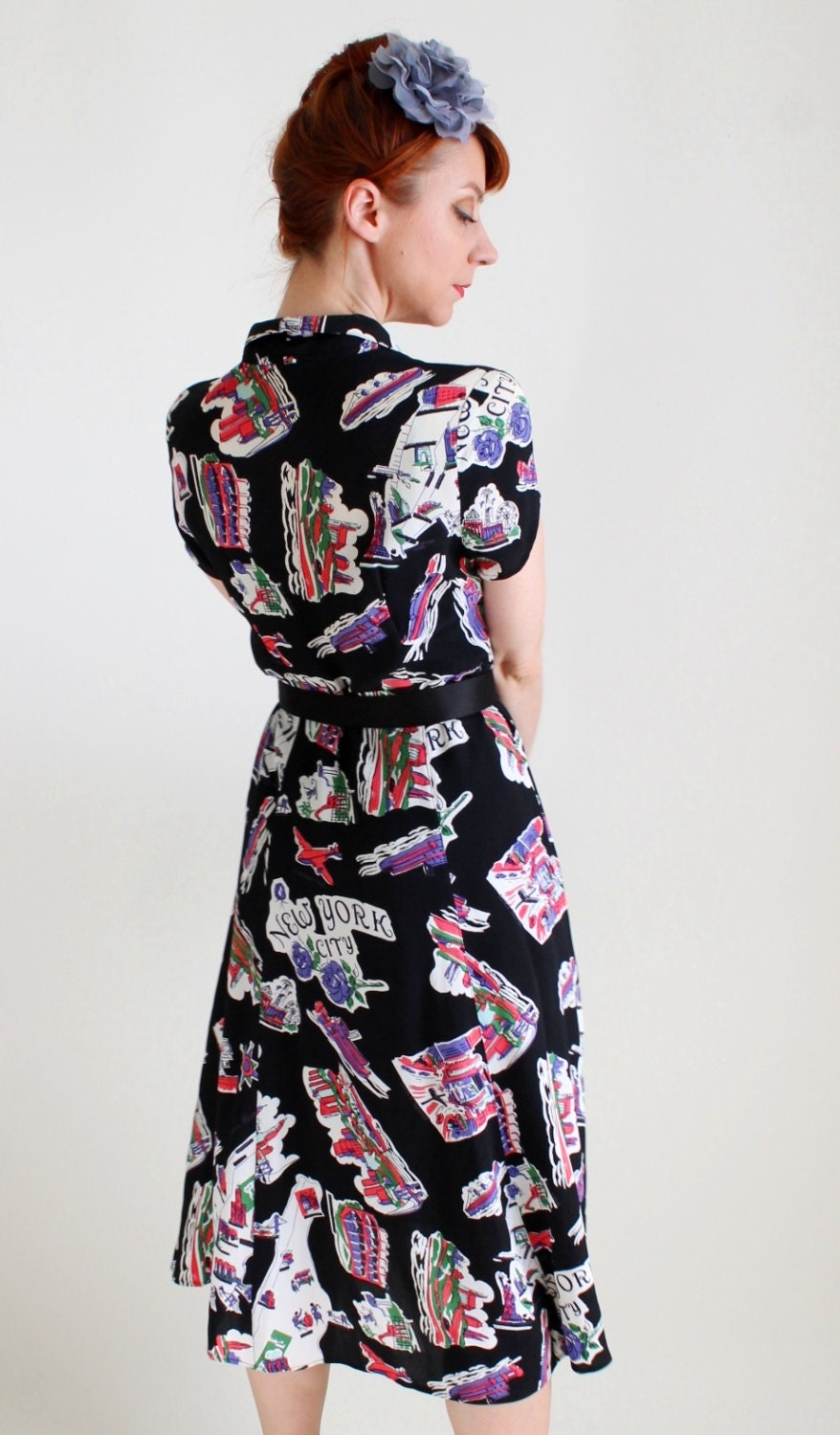 80s Does 40s Black Pink Print Dress. Swing Dress. Day Dress. Cocktail Party Dress. Summer Dress. Size Large