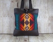 Wool And Dark Brown Leather Tote Indian Blanket Bag