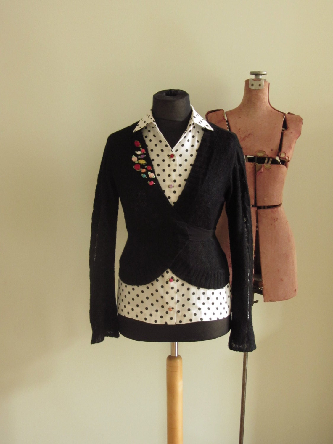 Black Wrap Cardigan and Vintage Polka Dot Blouse / Upcycled Clothing / Women Tops Cardigan / by Garage Couture