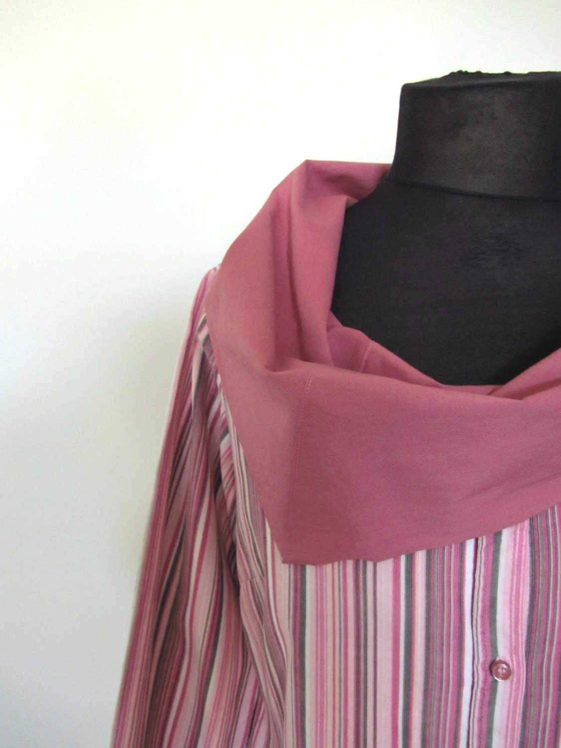 Pink Cowl Neck Pink Striped Corduroy Blouse / Upcycled Clothing / Women Tops Blouses / Eco Fashion / cowl neck made from mens dress shirt