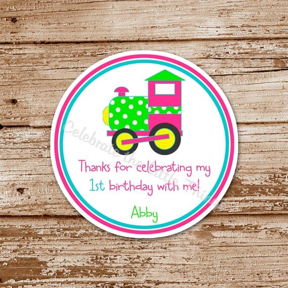 SET of 12 Polka Dot TRAIN Favor Tags, Stickers for Girls : Choo Choo, Hot Pink, Aqua, Lime Green Il_570xn