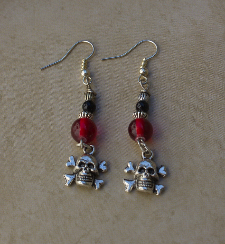 Here There Be Pirates Earrings - Red and Black and Jolly Rogers