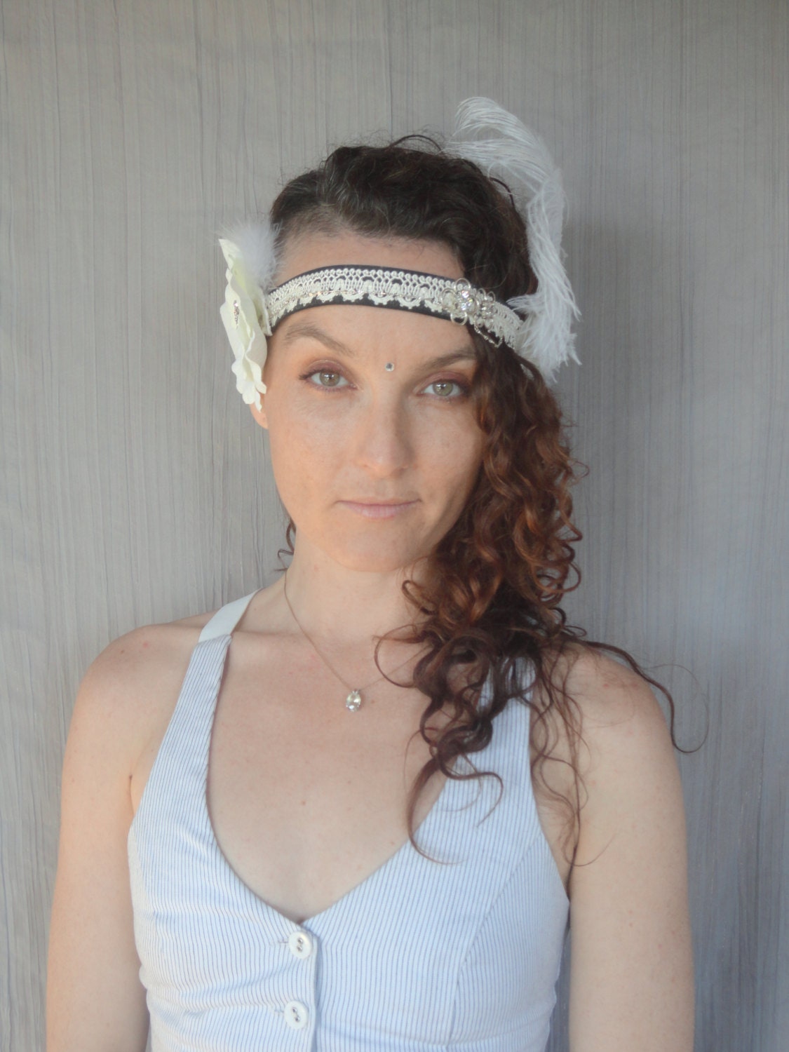 GATSBY Headband - Hair band - Cream Lace Applique, w Rhinestone Flowers, Silver Chains, Chiffon Flowers, Shells & Feathers on Black Ribbon