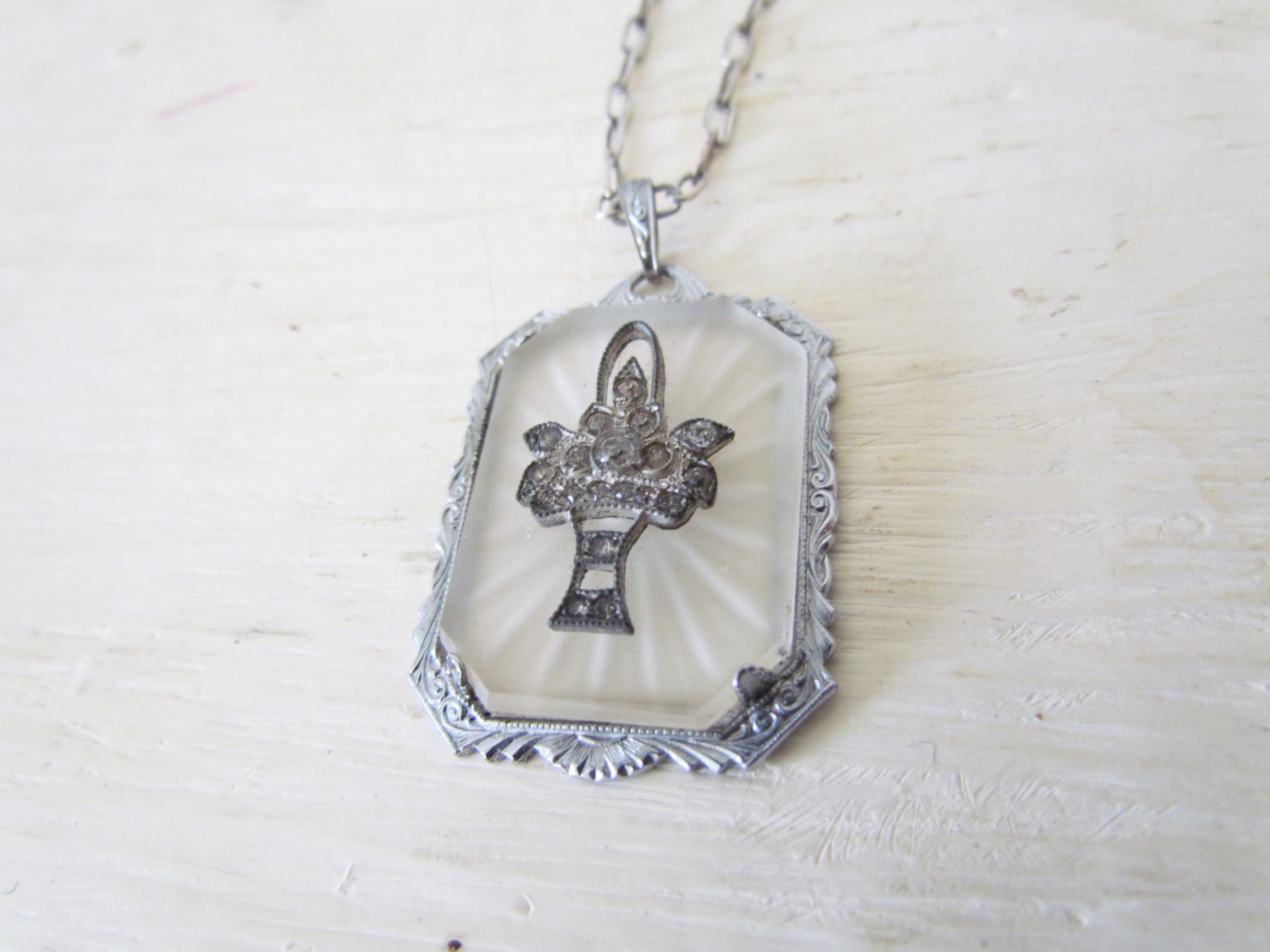 Antique Art Deco Camphor Glass Necklace with Rhinestone Basket Motif c. 1920s