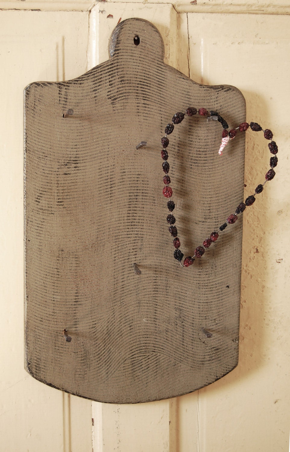 Vintage Wooden Cutting Board -Primitive Texture -Square Nails Coat Rack Key Holder