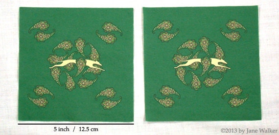 Charm Squares, 5" Fussy Cut Greyhound print and green paisley, 2 pieces R