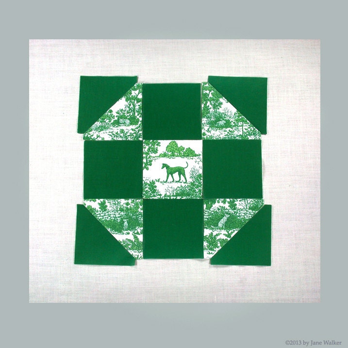 Greyhound Print Cotton fabric quilt block, 9 inch finished size Green Toile . stand l