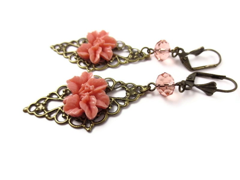 Coral Flower Crystal Earrings - Flower Earrings, Pink Dangle Earrings, Statement Earrings, Boho Jewelry, Salmon Earrings, Bronze Brass