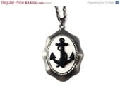Spring SALE Silver Anchor Necklace, Nautical Jewelry, Oval Anchor Pendant, Black and White Cameo Necklace, Dark Silver Chain