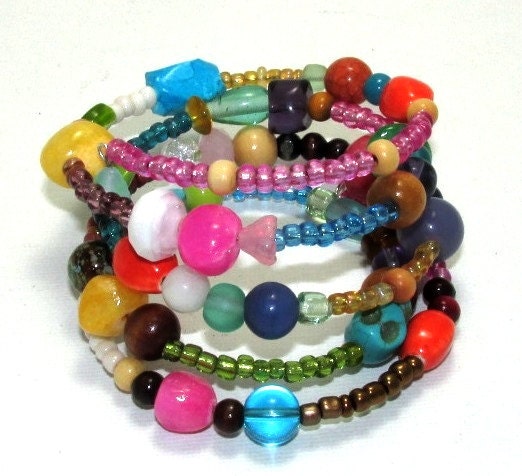 Bright Bohemian Mixed Beaded Memory Wire Bracelet