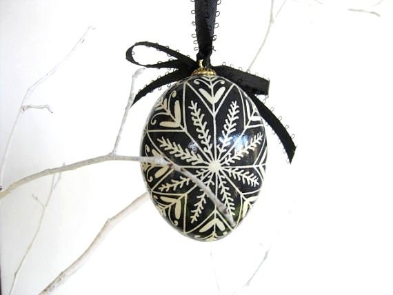 Black and White batik decorated egg ornament, chicken egg pysanka, Ukrainian Easter egg or Christmas Ornament - UkrainianEasterEggs