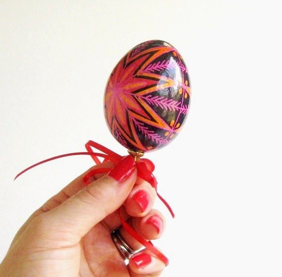 Pysanka, batik egg on chicken egg shell, Ukrainian Easter egg, hand painted egg on a string