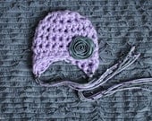 Baby Girl Hat, Newborn Crochet Hat in Gray and Purple with Flower, Earflap, Great for Photo Prop