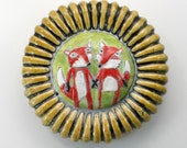 Wall Sculpture: Fox Couple, Wall Flower red, white, chartreuse fox Ceramic Tile with amber frame