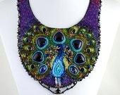 Dreaming of a Peacock - Bead Embroidered Statement Necklace, Beaded Bib Necklace, Purple Collar Beaded Necklace