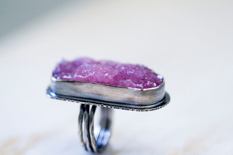 Cobalto Calcite Drusy Ring in Sterling Silver Pink Drusy Cocktail Ring - Size 6 - Cloths of Heaven