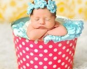 Floral Newborn Baby Headband Crochet  Photo Prop Flowers Aqua