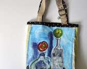 Still life bag Fine art painting bag purse tote recycled parts original acrylic painting peppers lime tequila belts denim stripes citrus
