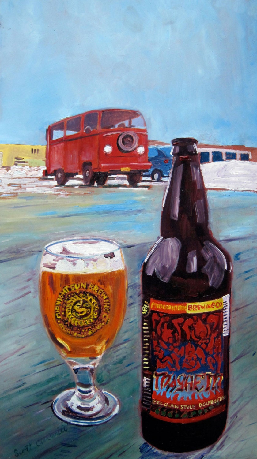 Beer and Red VW Bus Print of Mayhem Belgian Style Double IPA by Midnight Sun Brewing Co. - 9" x 16"