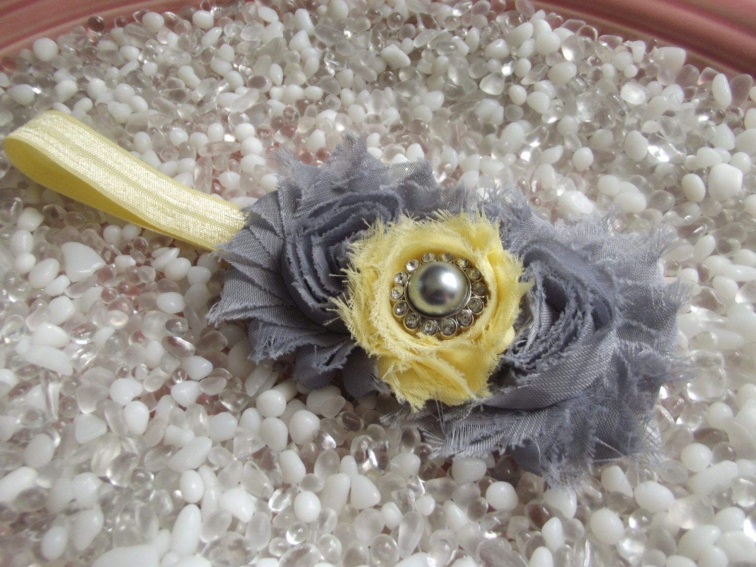 Skies are Gray Yellow & Gray Flower Headband - Baby -  Newborn - Infant - Toddler - Girl - Teen - Adult - Photo Prop