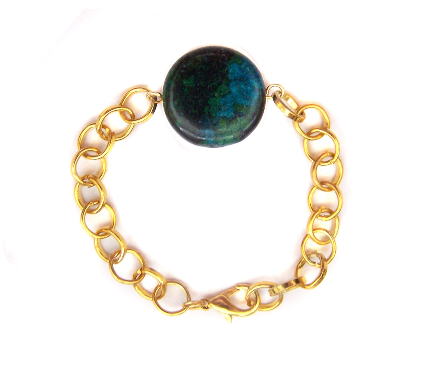Gold Chain Bracelet with Big Natural Chrysocolla Stone, Chunky Gold Link Chain Gemstone Bracelet - IskraCreations