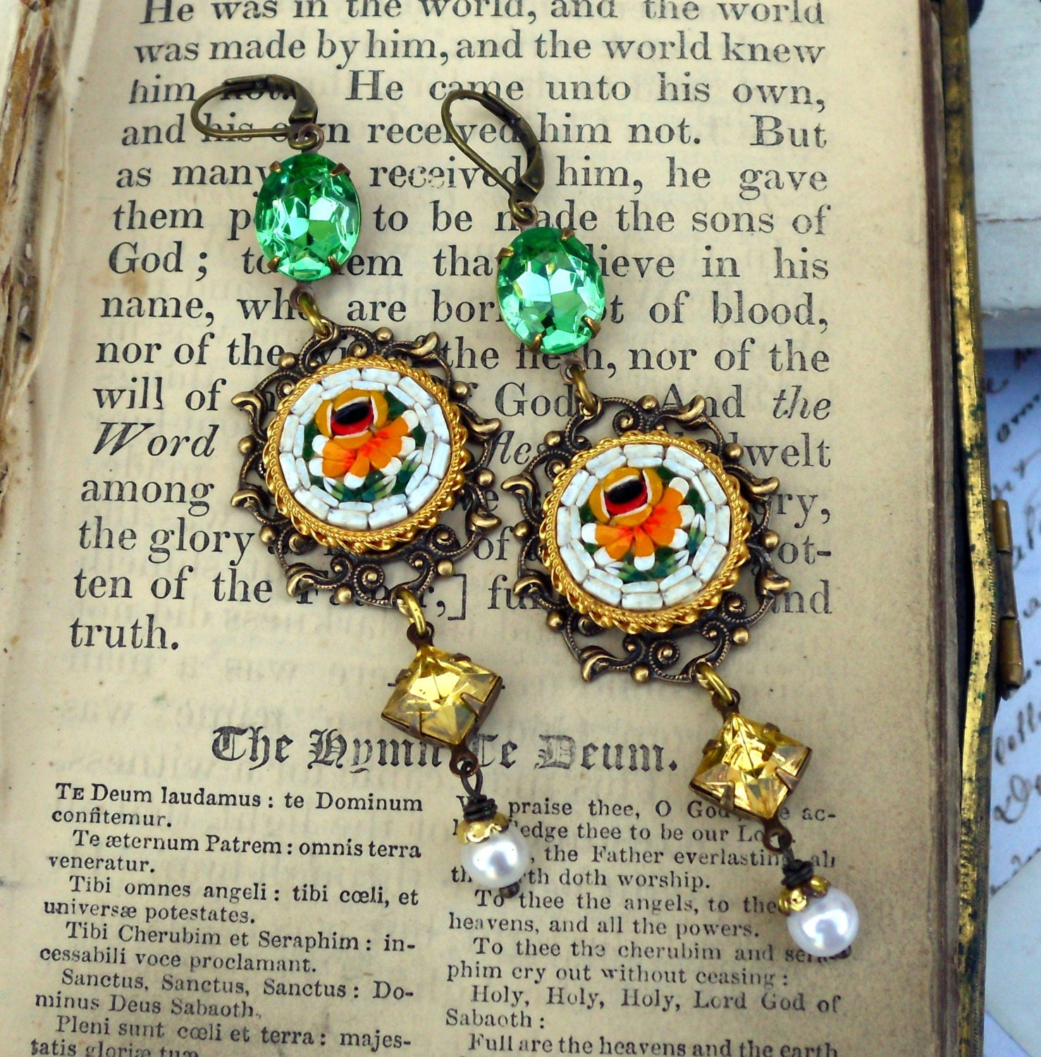 Breakfast with Caesar, Vintage Italian Glass Micro Mosaic and Vintage Rhinestone Assemblage Earrings