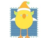 ELF BIRD art, kids room wall art, nursery art, elf illustration, digital art, baby room wall art, modern wall decor, blue, yellow