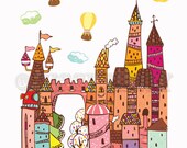 Wonderland Estate, Castle, Hot AirBalloon, Modern Wall Art, Nursery Art, Archival Art Print 8x10