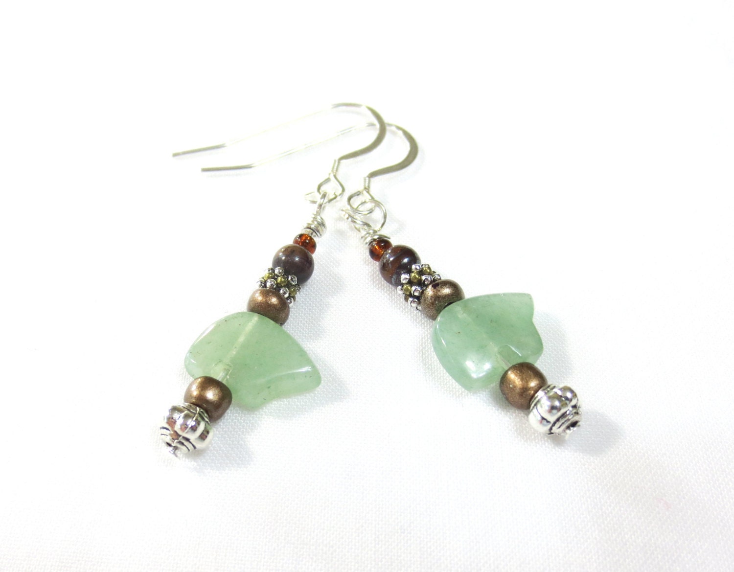 Bronze and Green Earrings, Adventurine Bears, Bronze Glass Beads, Green and Silver, Brown Jasper Beads, Wire Wrapped