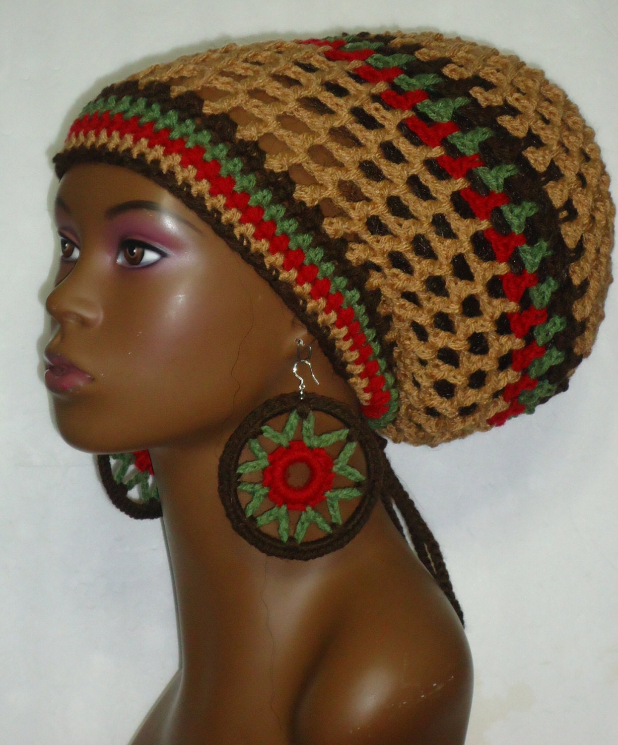 Earth Tone Crochet Rasta Tam Cap Hat with Earrings