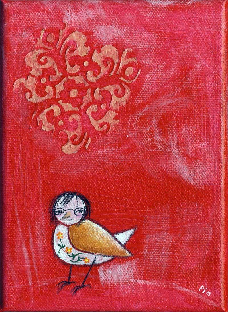 Sophie Is Thinking, original painting, wall art, adorable bird character, 5 x 7 inches, crimson red, textured acrylics
