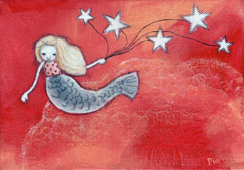 Mary Is Walking The Stars, original painting, wall art, cute mermaid character, 5 x 7 inches, crimson red, textured acrylics
