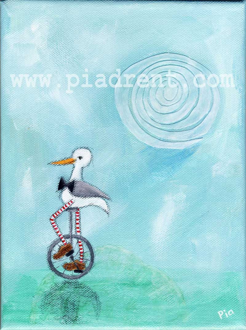 Horace Is Cycling, original painting, wall art, stork character, cute animal, 7 x 9.5 inches, blue and teal, textured acrylics, bicycle