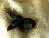 winter forest fascinator in black-  with vintage velvet roses and vintage birdcage veiling