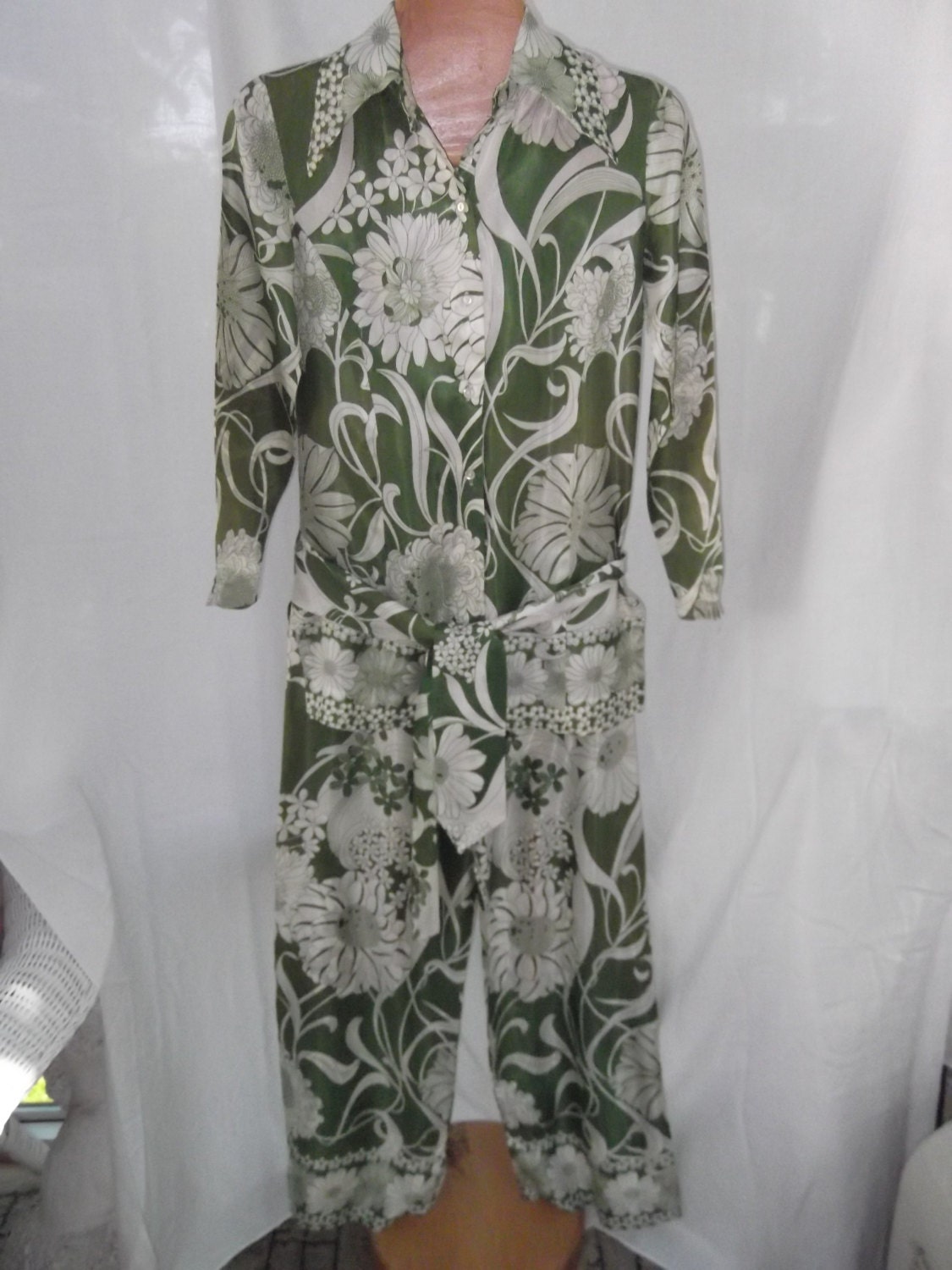 Vintage 1960s Loungewear Lingerie 3 Piece Set Alex Colman California Label Green White