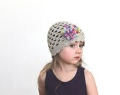 Girls Crochet SUN HAT Eco friendly Linen hat with flower Beanie