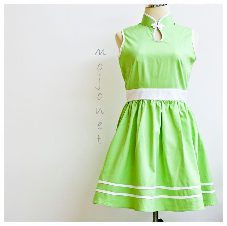Modern Trendy Apple Green Cheongsam Dress Mandarin Collar Qipao - Size M, L Free Alteration