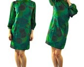 70s Dress Emilio Pucci Style Green Disco - Genie Bell Sleeve - Psychedelic Bubble Print- Wiggle - Mock Turtle Neck - Cuffed - Size S- 2-4